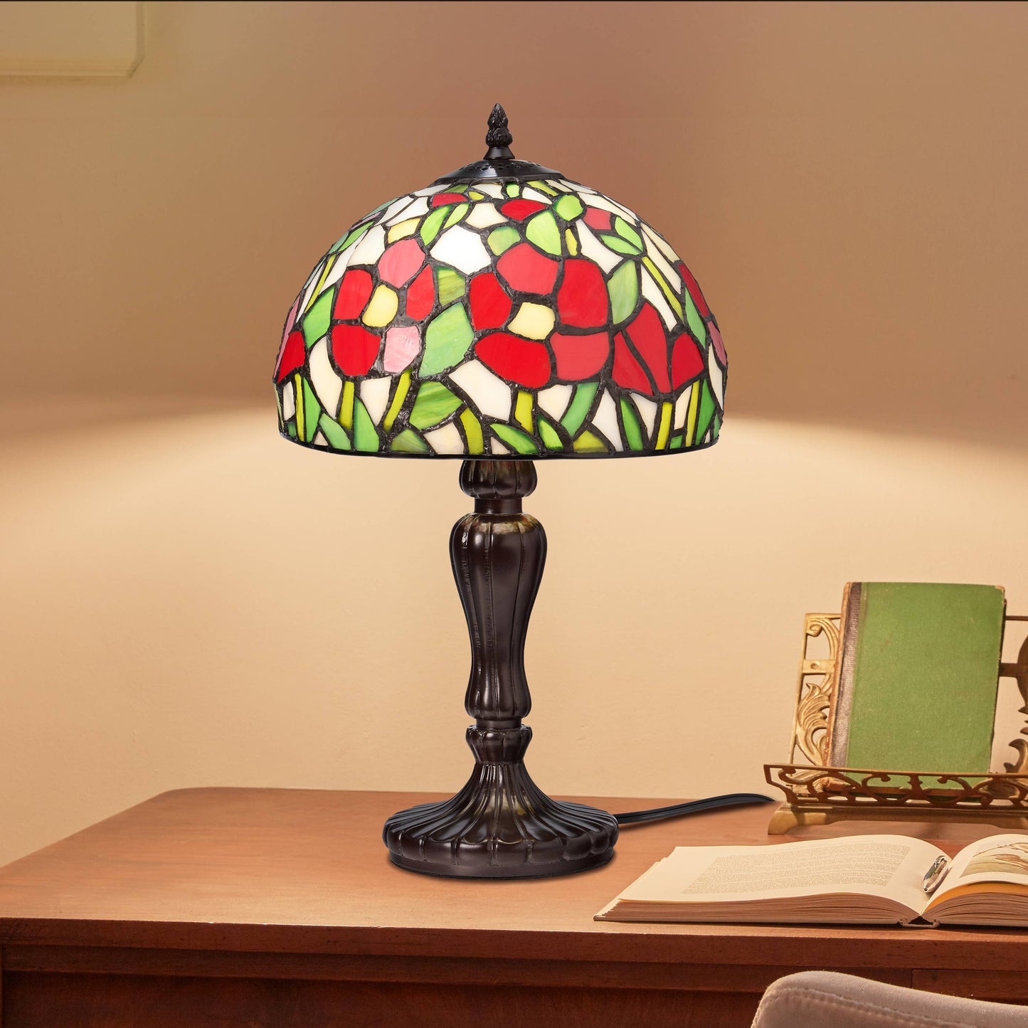 17"H Genevieve Red Flowers Stained Glass Candlestick Table