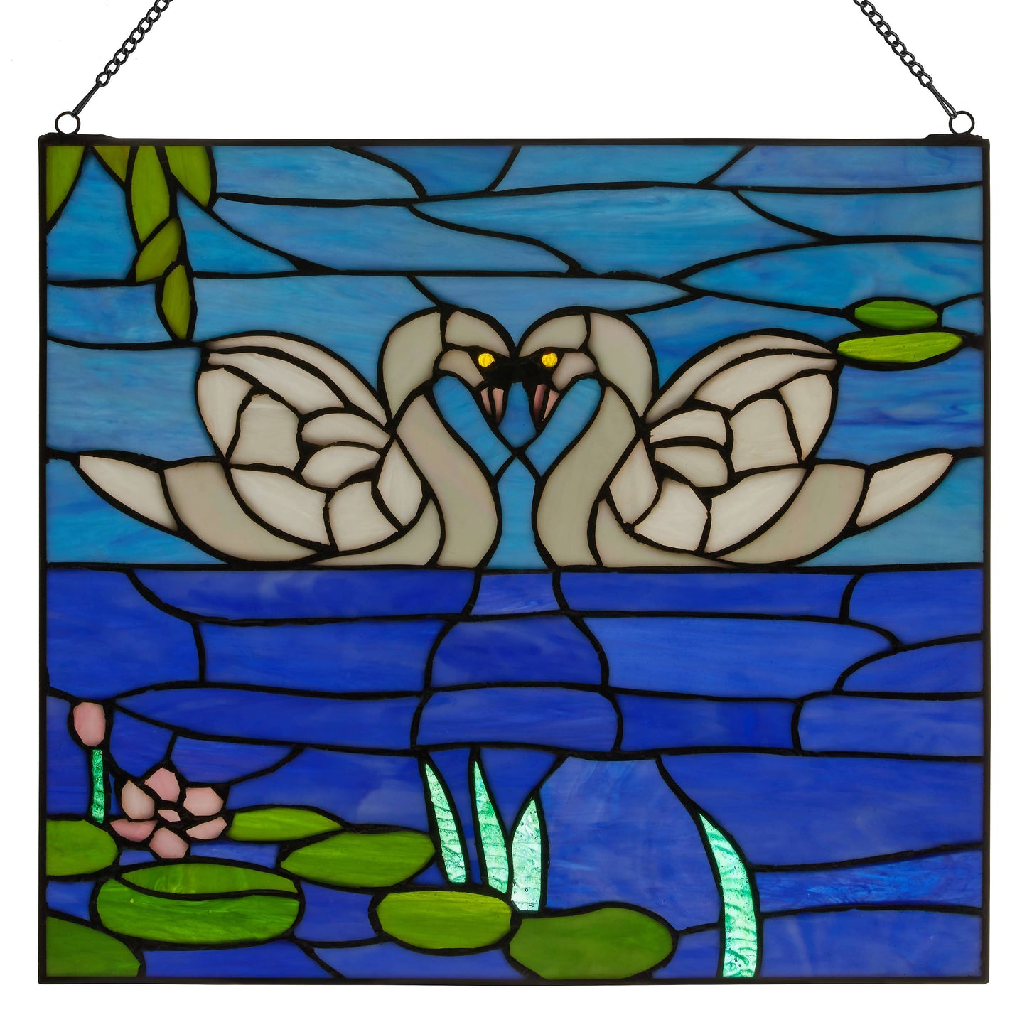 14"H Romantic White Swans Stained Glass Window Panel