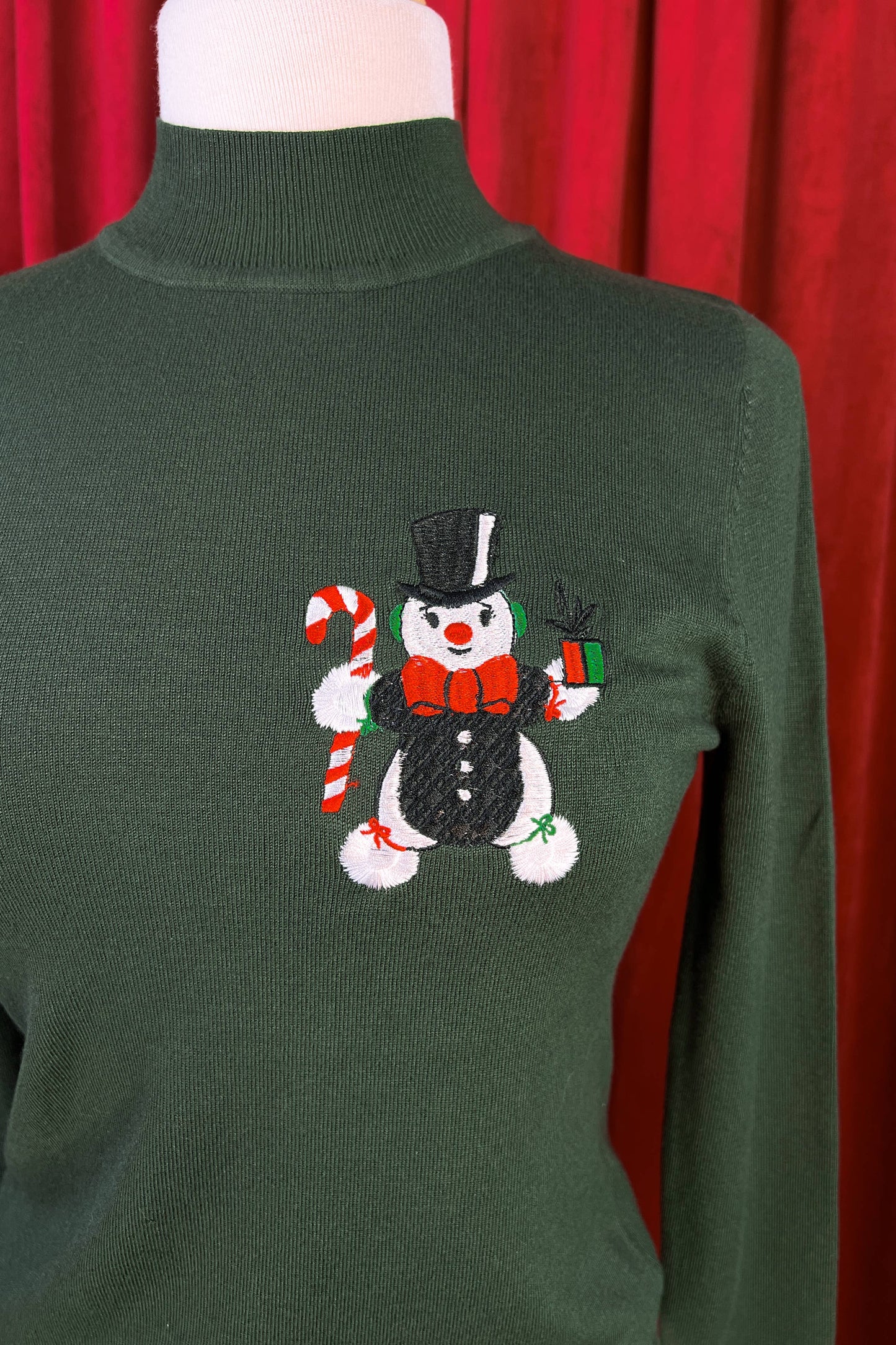 Snowman Pom Pom Mock Neck Sweater in Olive