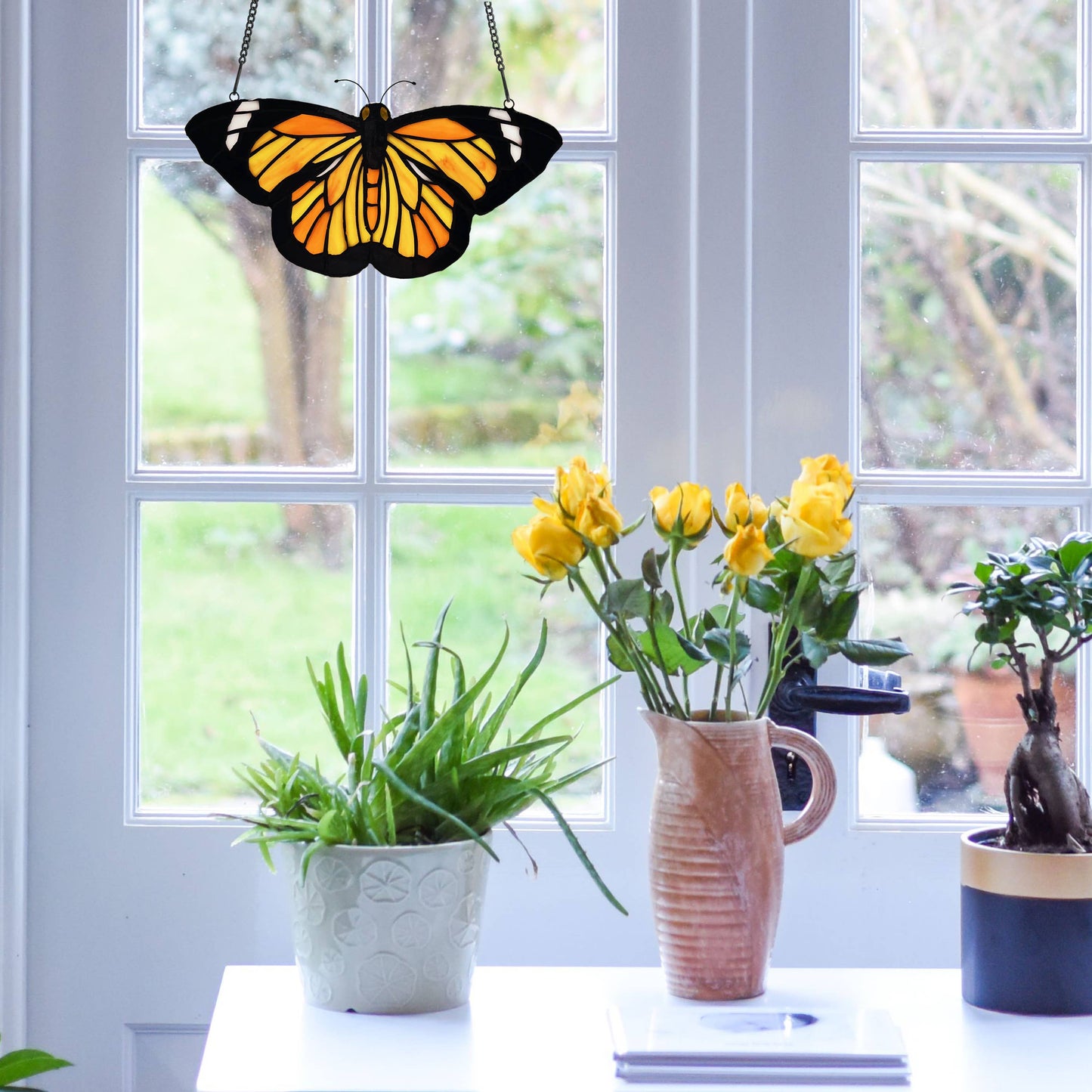 6.5"H Yellow & Orange Butterfly Stained Glass Window Panel