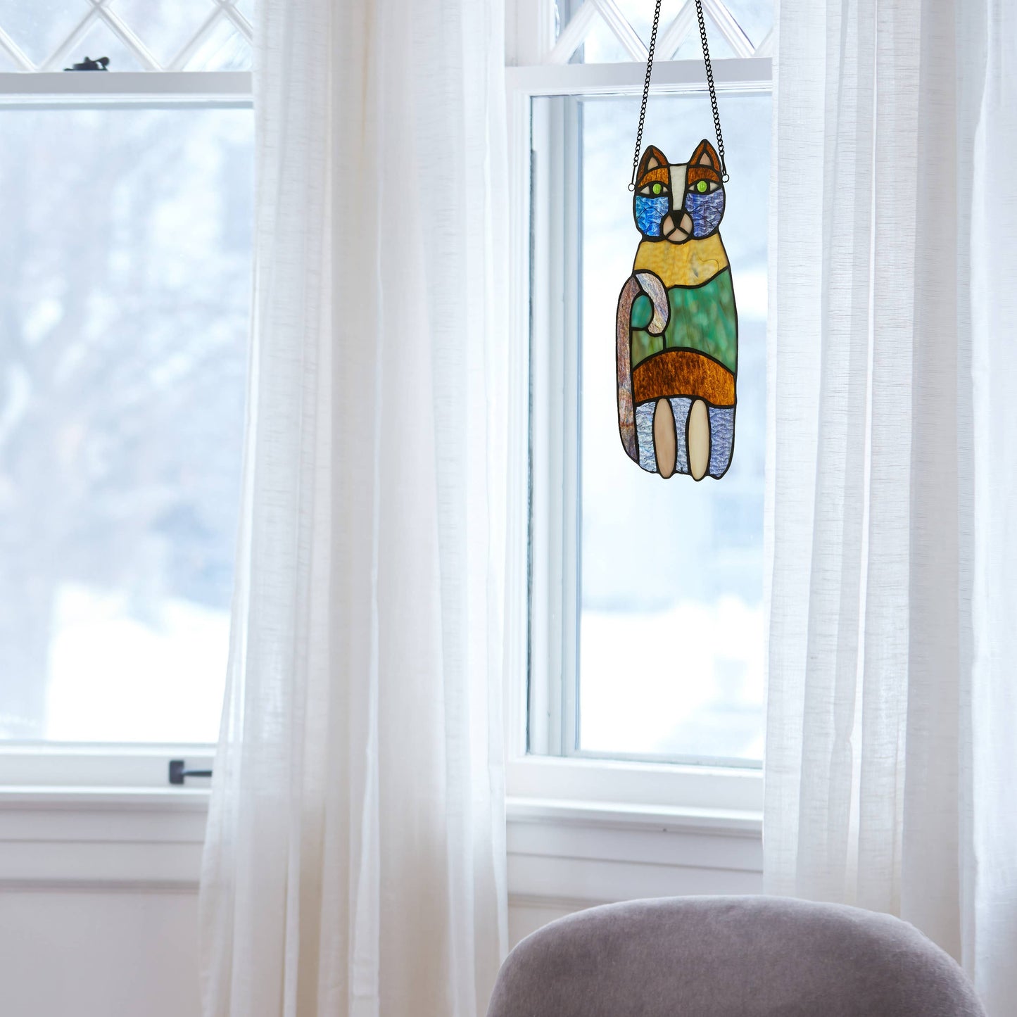 13"H Cecilia the Cat Multicolor Stained Glass Window Panel
