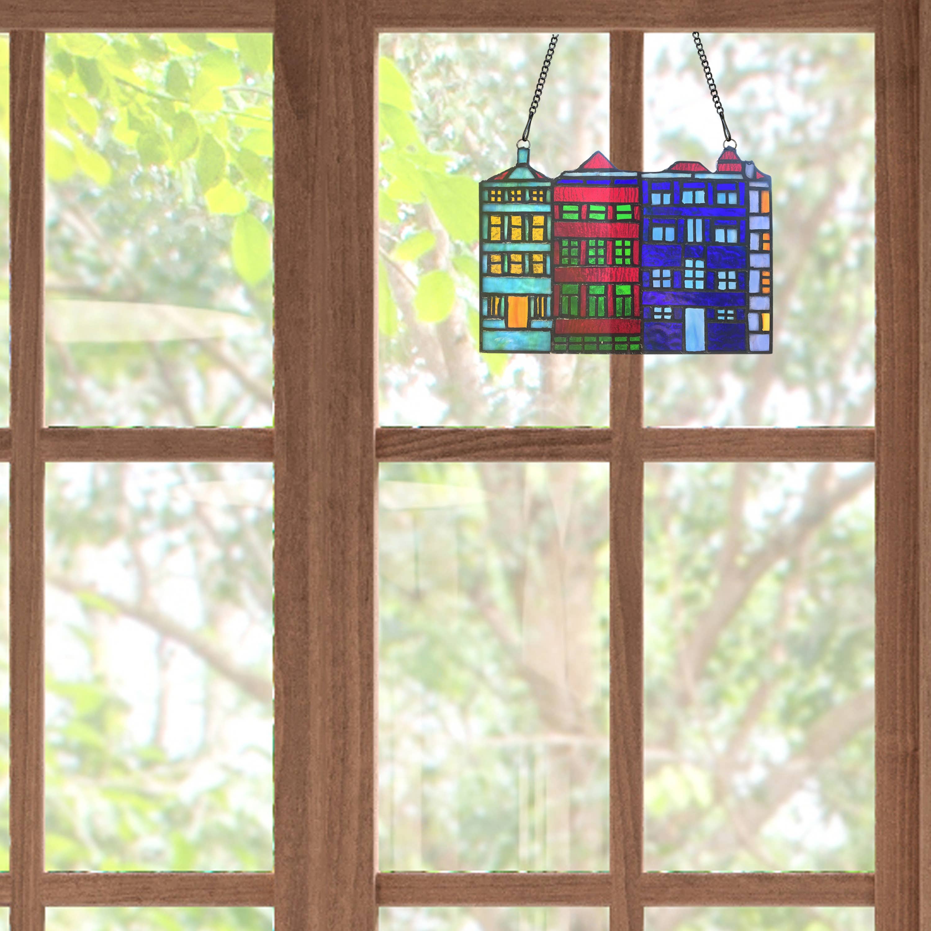 6"H Row House Skyline Multicolor Stained Glass Window Panel