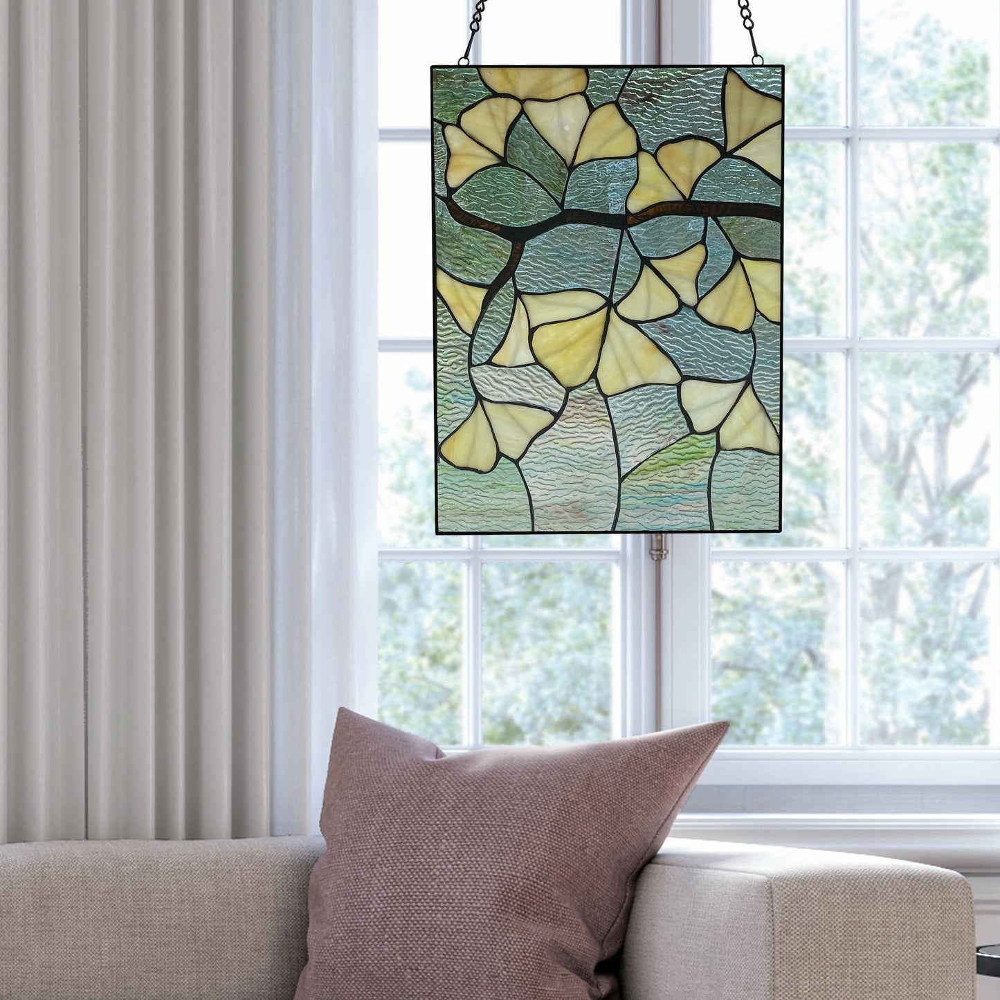 17.5"H Robert Yellow Gingko Leaf Stained Glass Window Panel