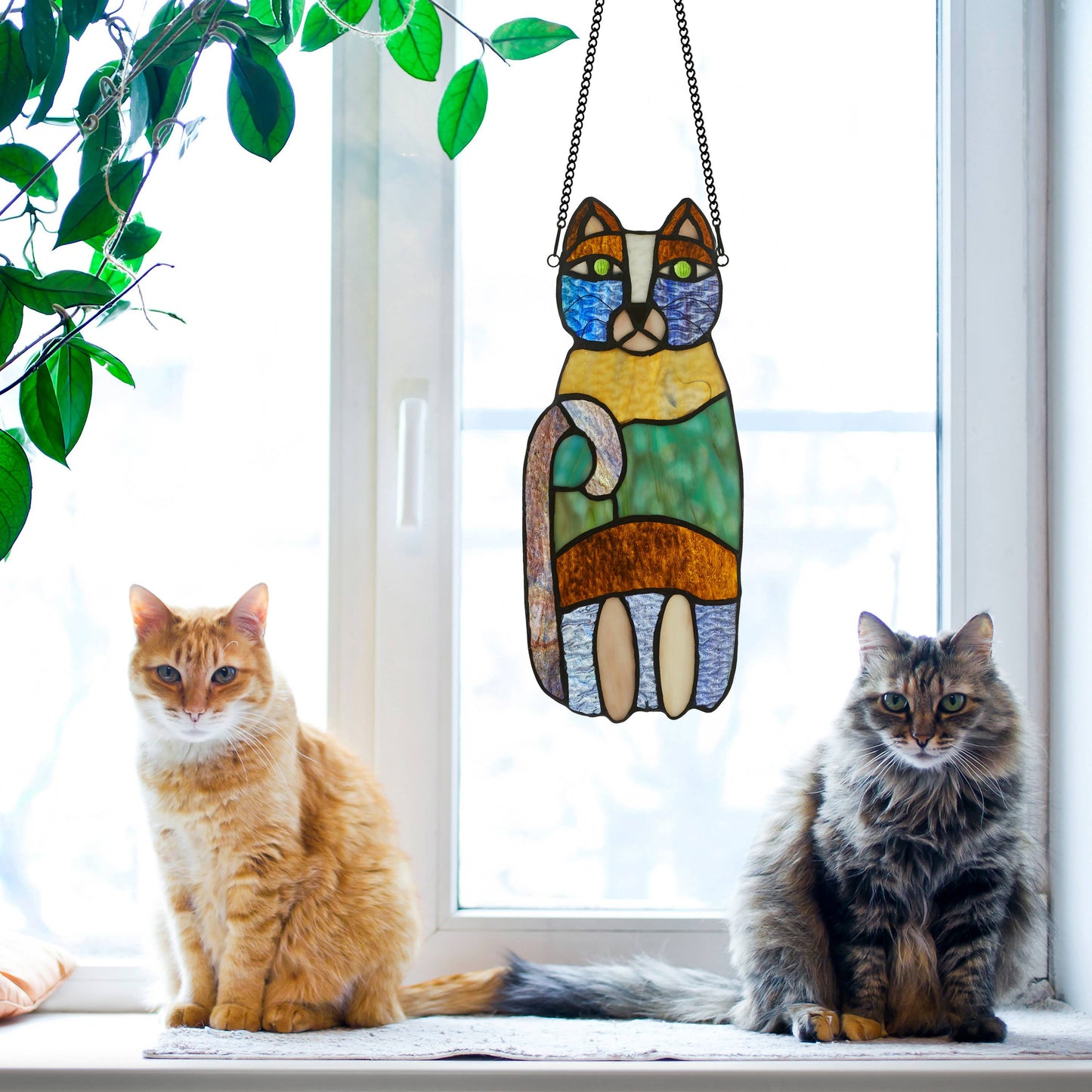 13"H Cecilia the Cat Multicolor Stained Glass Window Panel