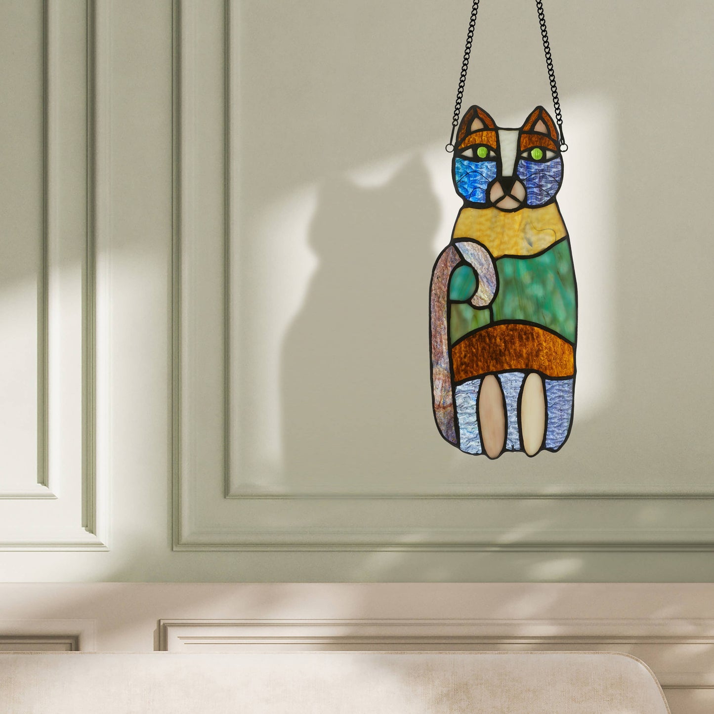 13"H Cecilia the Cat Multicolor Stained Glass Window Panel