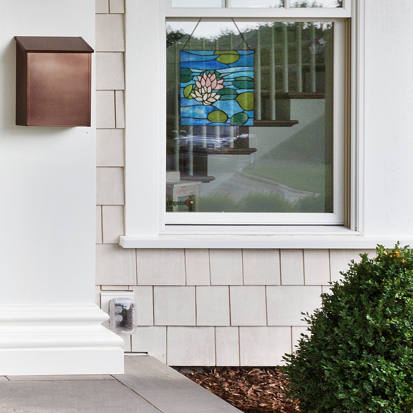 12"H Blue Lotus Pond Stained Glass Window Panel