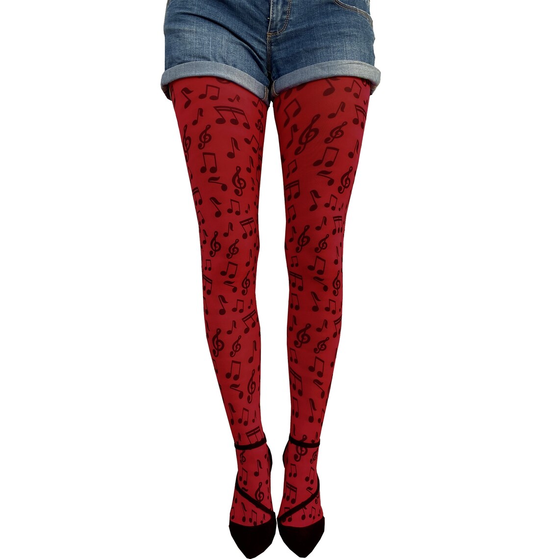 Red Musical Notes Patterned Tights