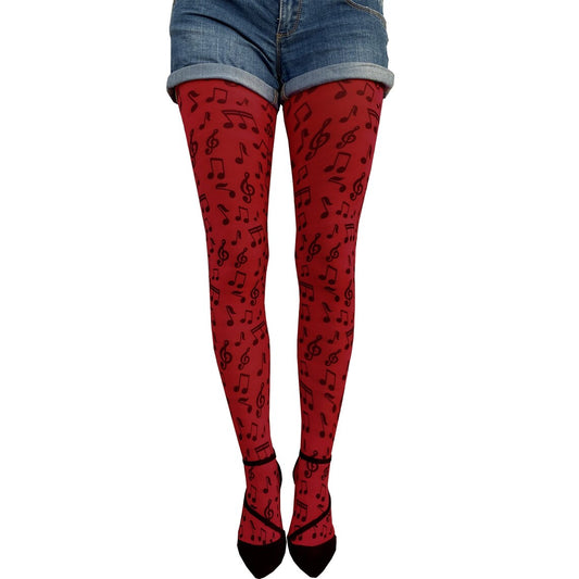 Red Musical Notes Patterned Tights