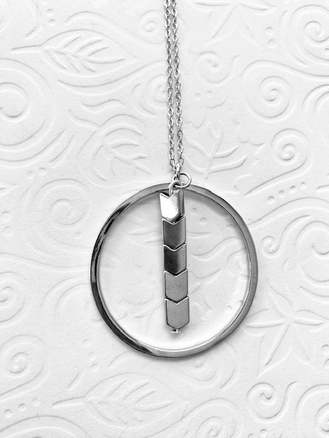 Silver Circular Pendant Necklace / Hematite Beads