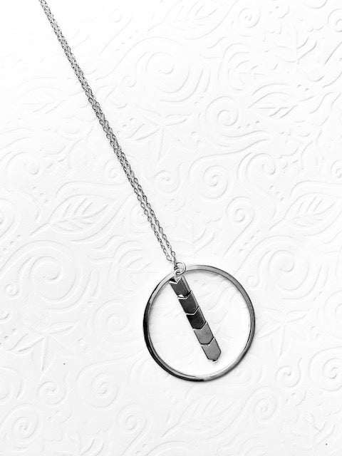 Silver Circular Pendant Necklace / Hematite Beads